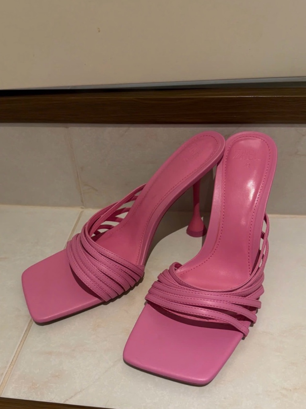 Zara Hot Pink Strappy Square-Toe Stiletto Heels